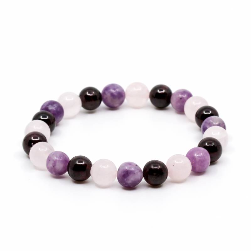 le grenat, le quartz rose et la lépidolite.